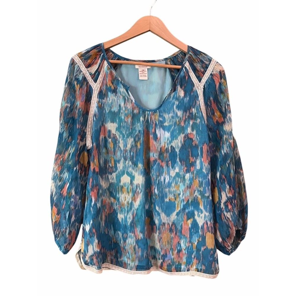 Sundance 100% Silk Multi Color Blue V-neck Lace Trim Blouse Sz PM